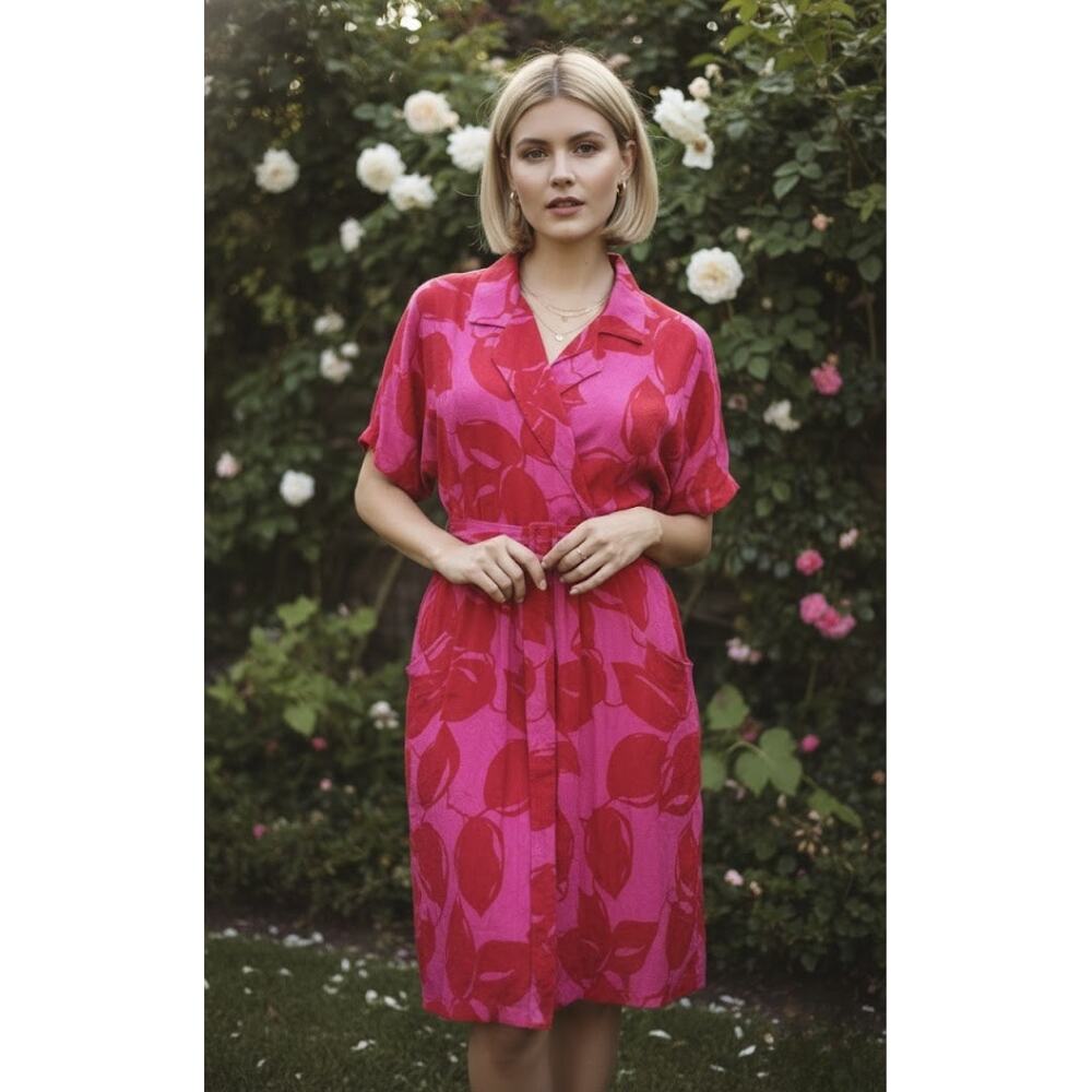Vintage Adrianna Papell Silk Belted Dress Pink Red Floral Large